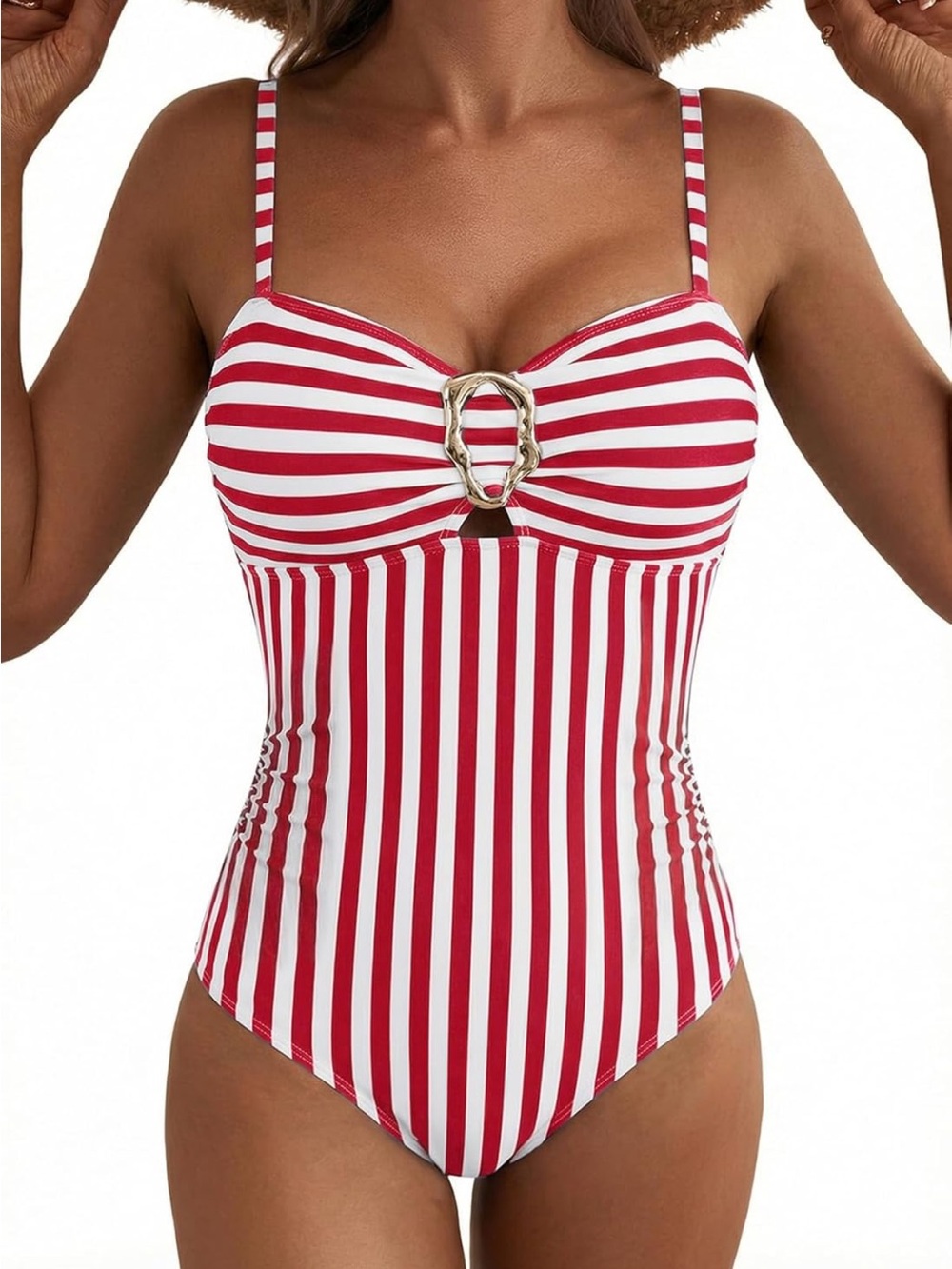 Red & White Striped One-Piece Swimsuit with Ring Detail Aleumdr new